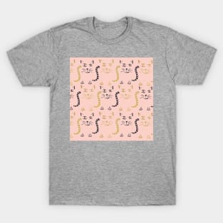 Gold black cats pattern on pink T-Shirt